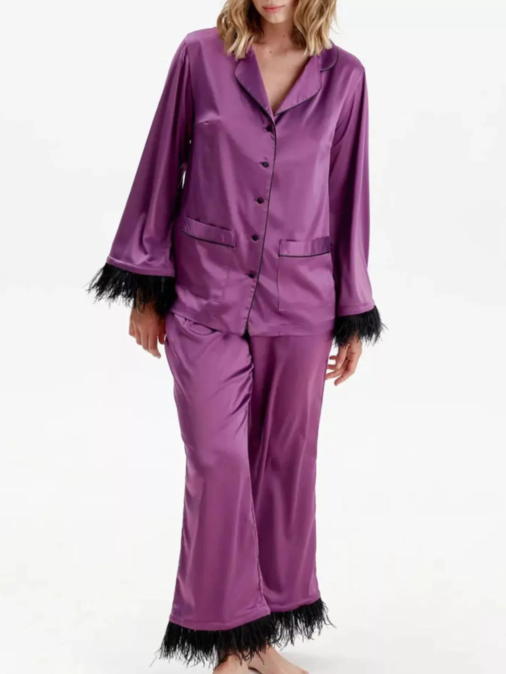Silky Button Up Top and Pants Lounge Set - Girly Tea