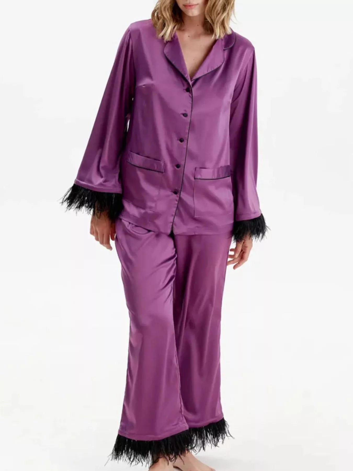 Silky Button Up Top and Pants Lounge Set - Girly Tea