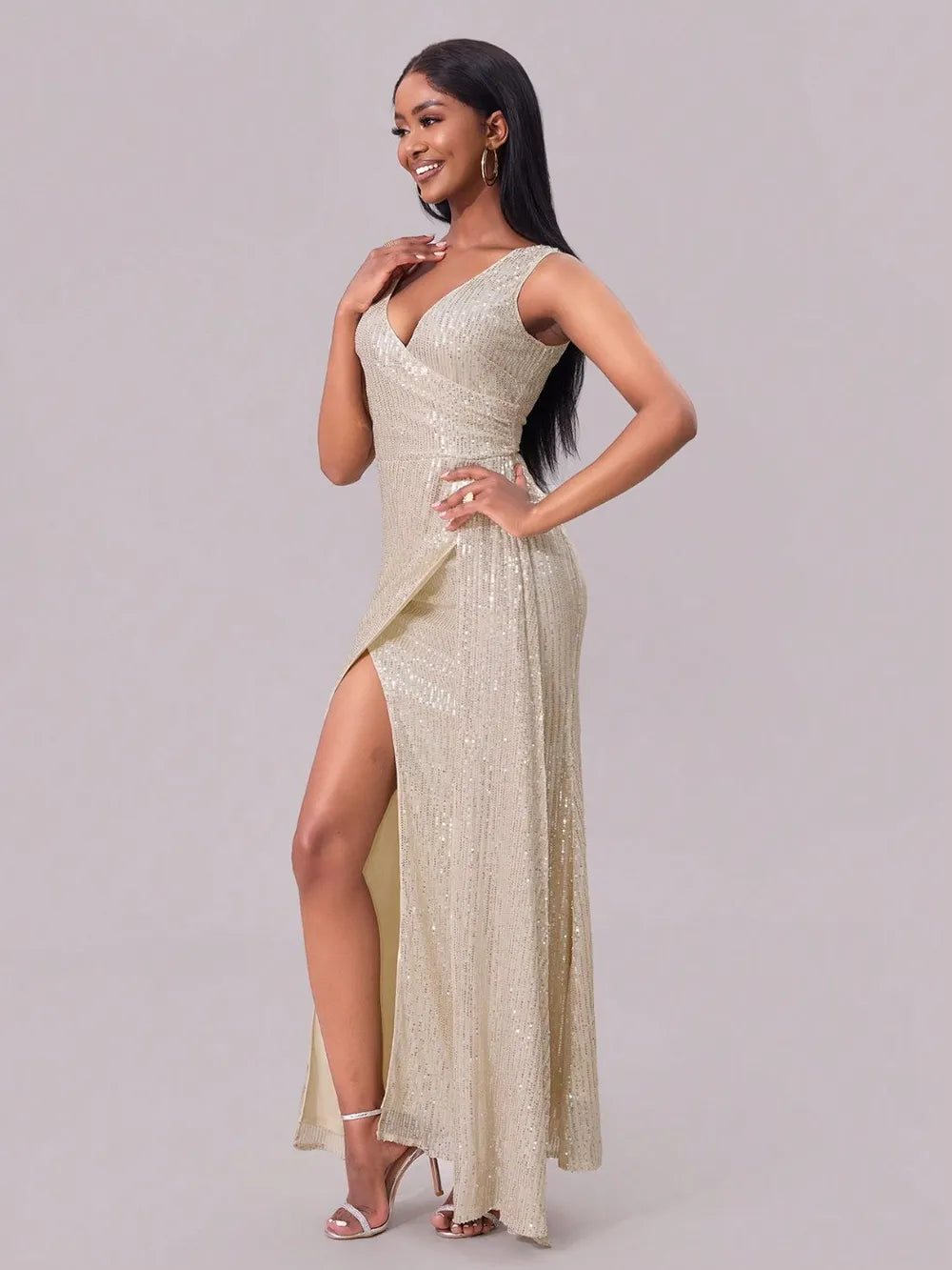 Slit Sequin Surplice Sleeveless Maxi Dress - Girly Tea