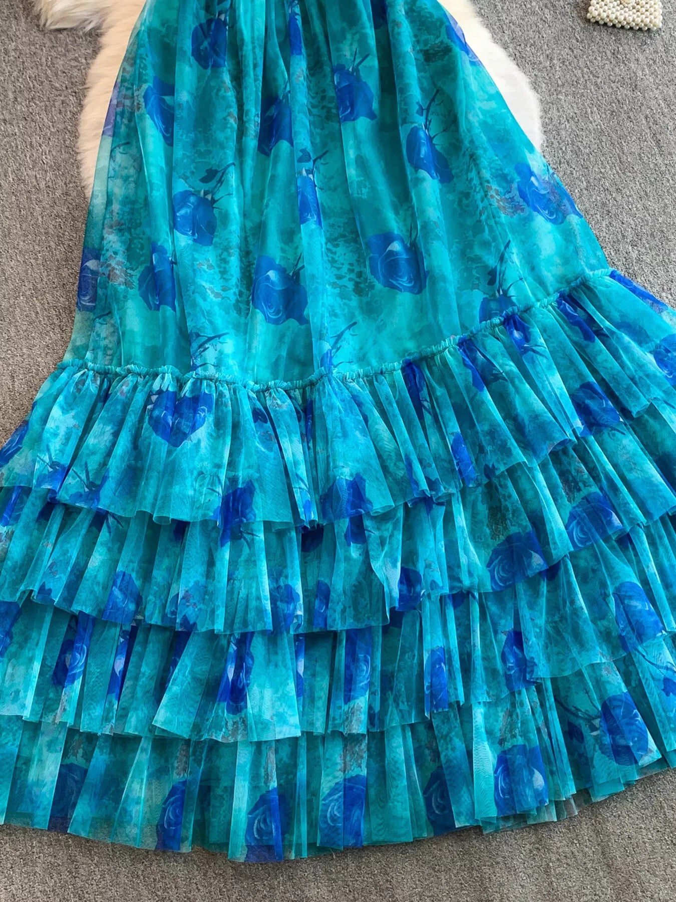 Floral Print Ruffled Layered Mesh Dress - Girly Tea