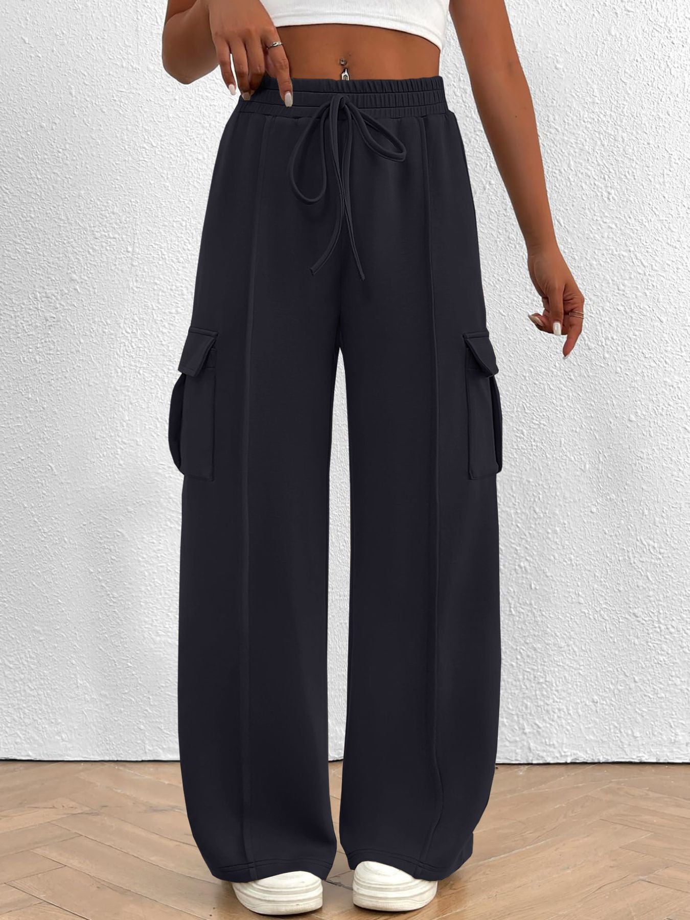 Casual High Waist Cargo Pants with Drawstring - Girly Tea