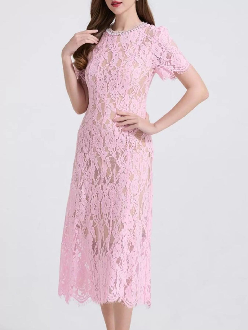 Lace Pearl Neckline Midi Dress - Girly Tea