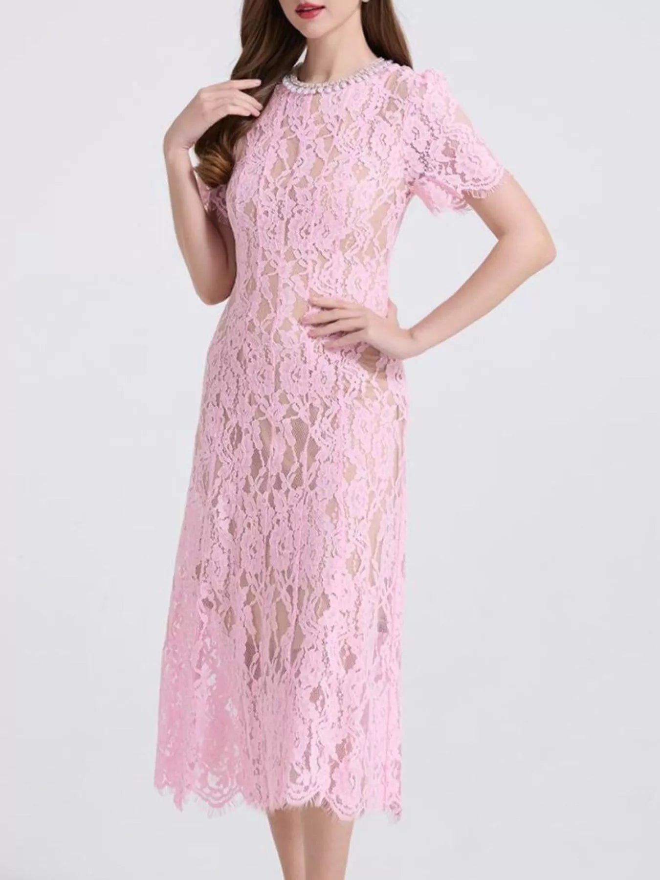 Lace Pearl Neckline Midi Dress - Girly Tea
