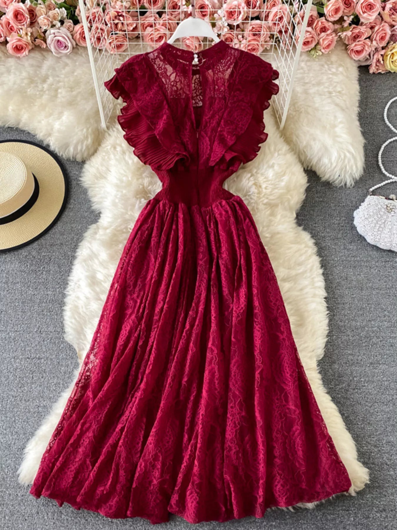 Ruffled Mock Neck Lace Maxi Dress - Girly Tea