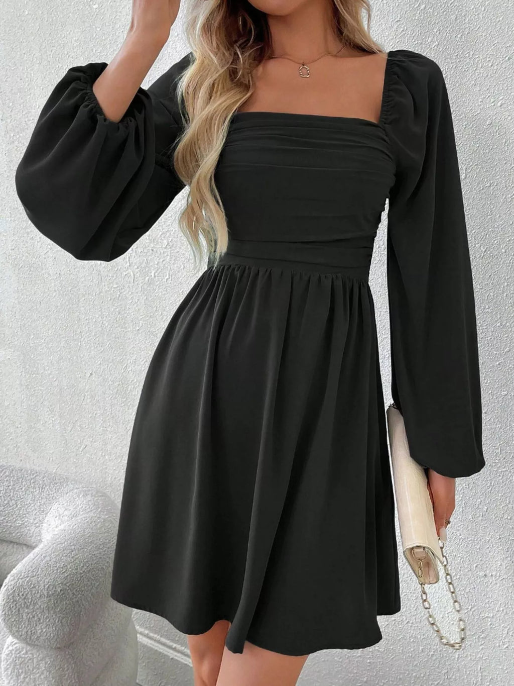 Ruched Square Neck Long Sleeve A-Line Dress - Girly Tea
