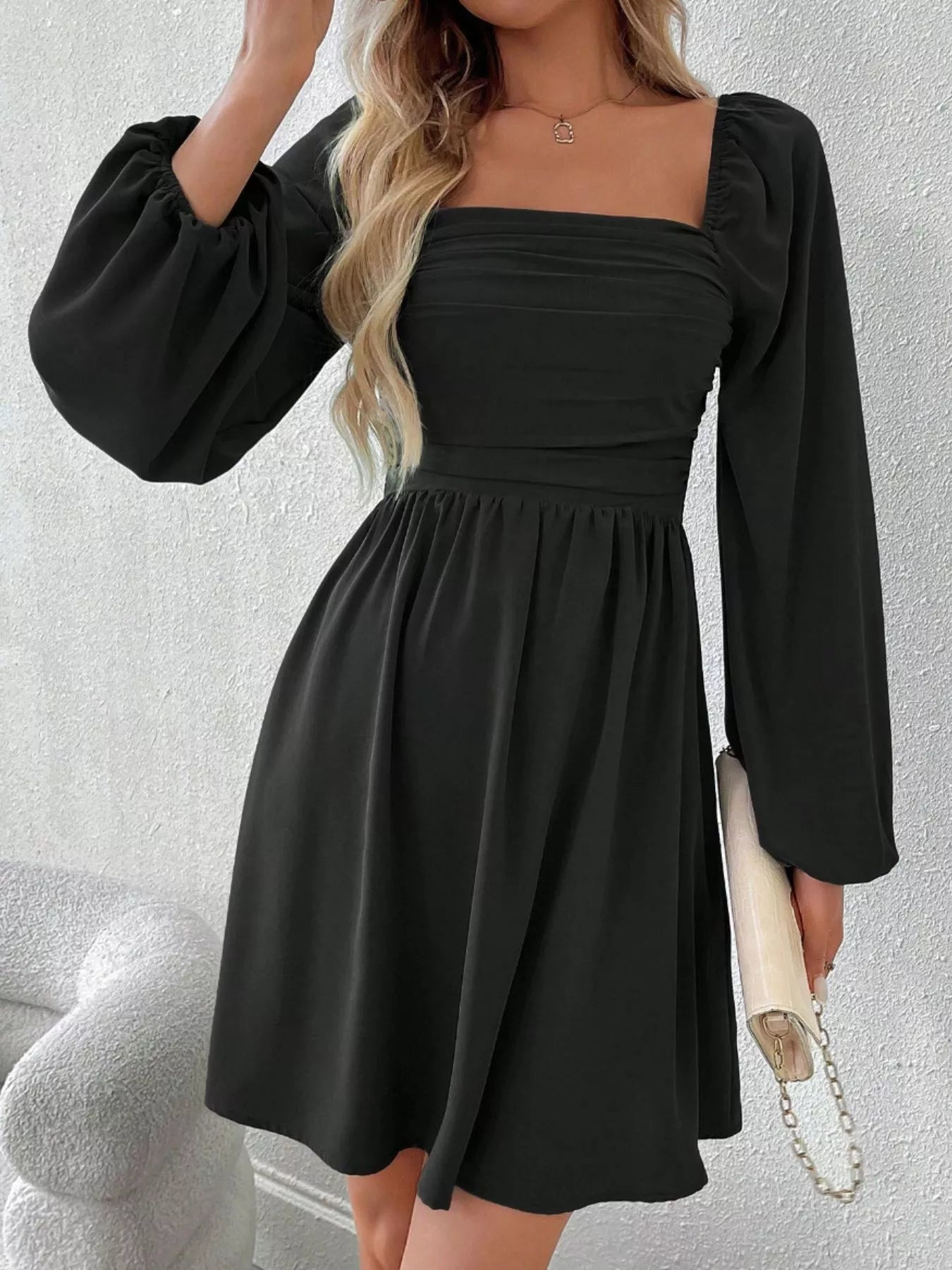 Ruched Square Neck Long Sleeve A-Line Dress - Girly Tea
