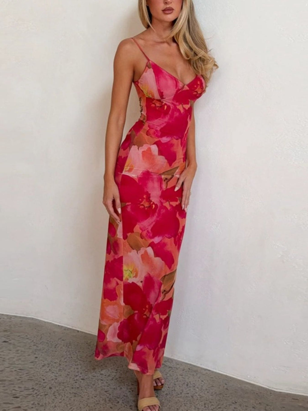 Floral Print Spaghetti Strap Bodycon Maxi Dress - Girly Tea