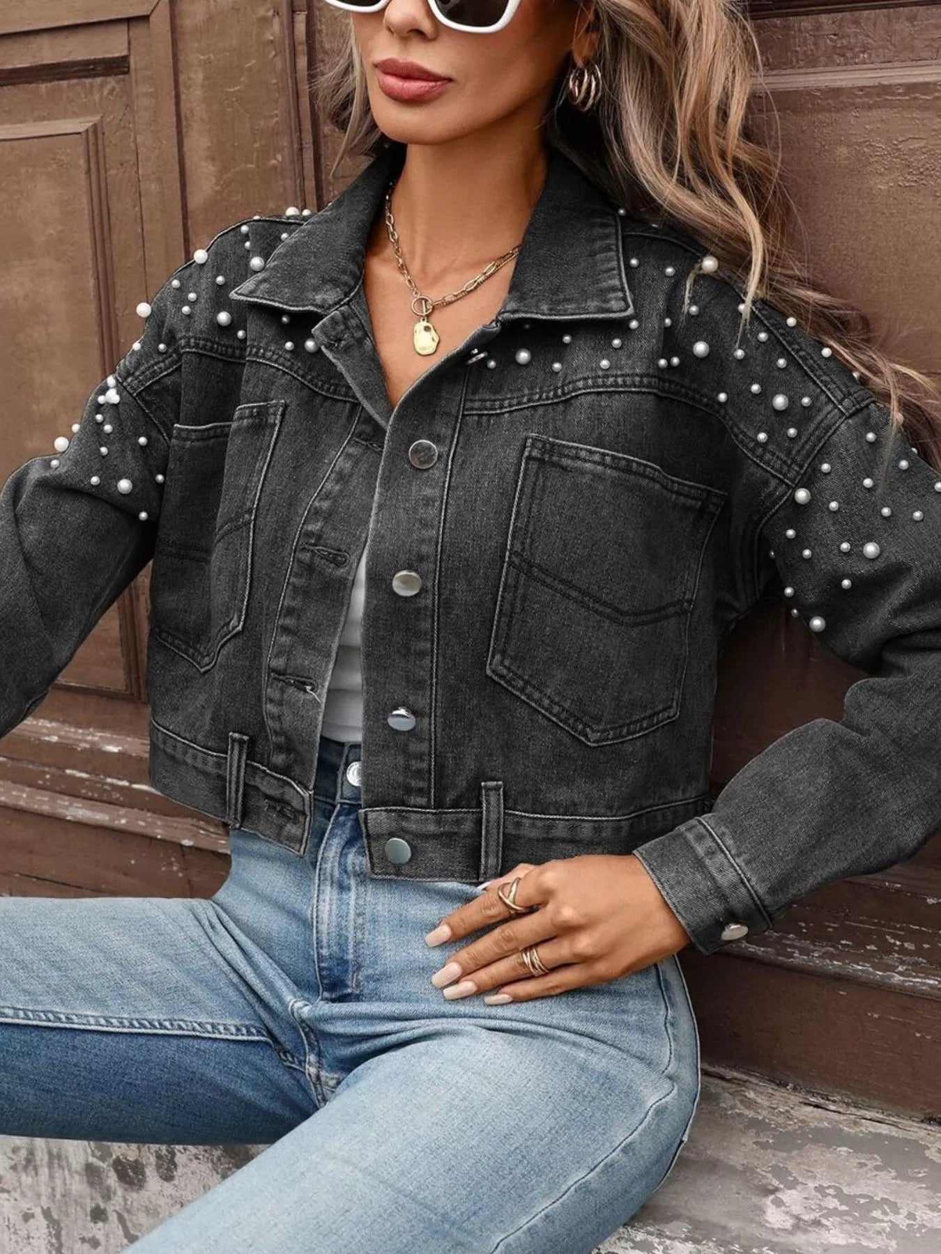 Pearl Embellished Cropped Denim Jacket - Girly Tea