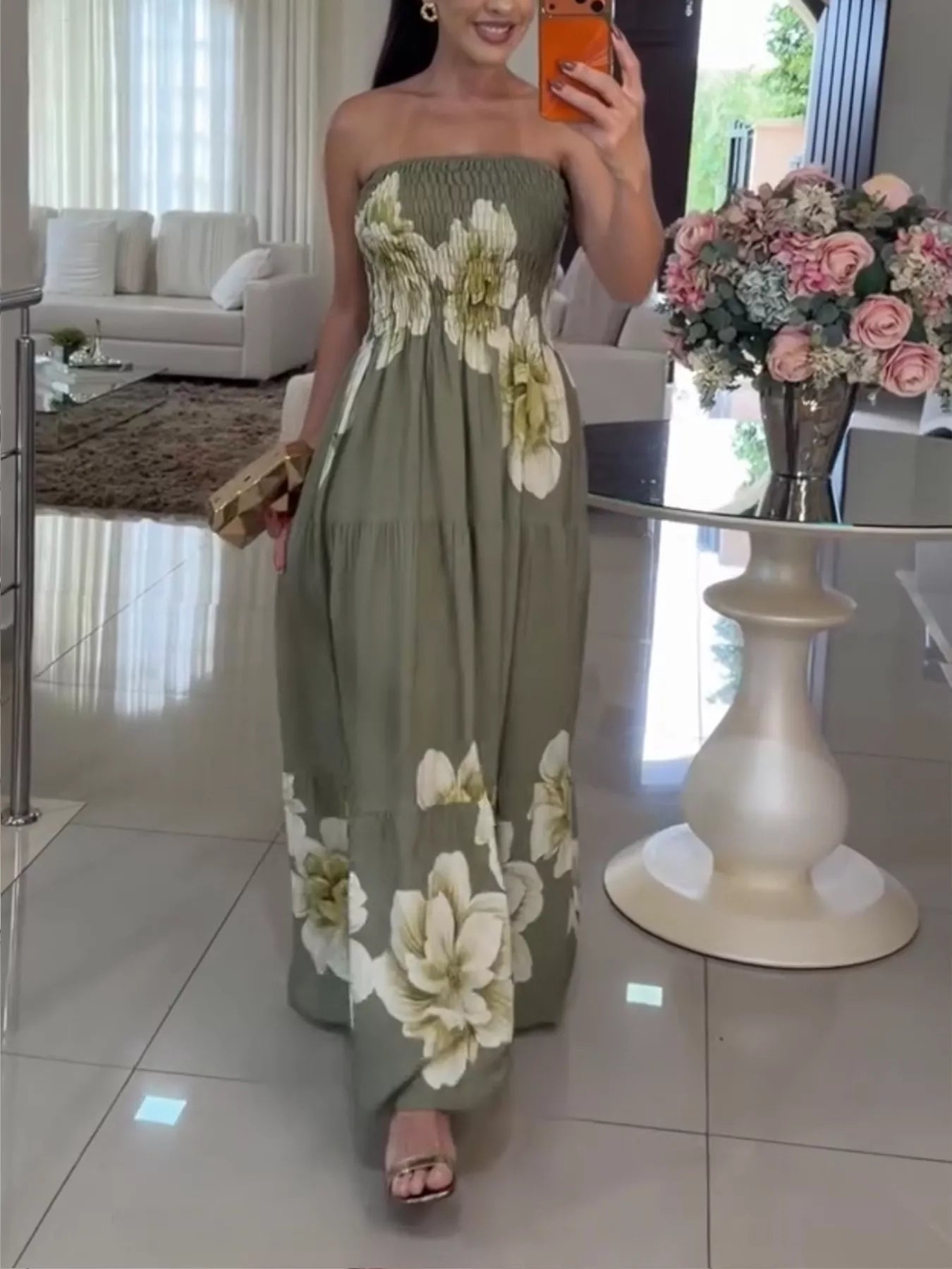 Floral Print Smocked Tube Maxi Dress - Girly Tea