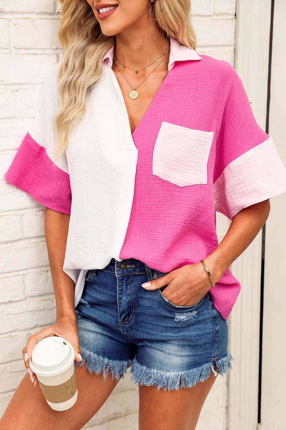 Color Block Casual Button Up Shirt - Girly Tea