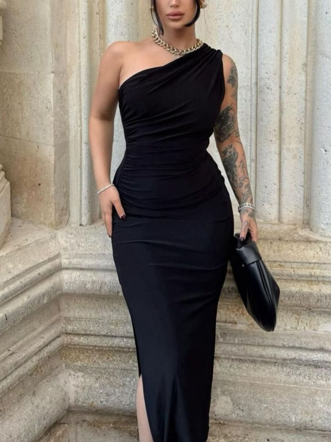 One-Shoulder Ruched Bodycon Slit Dress - Girly Tea