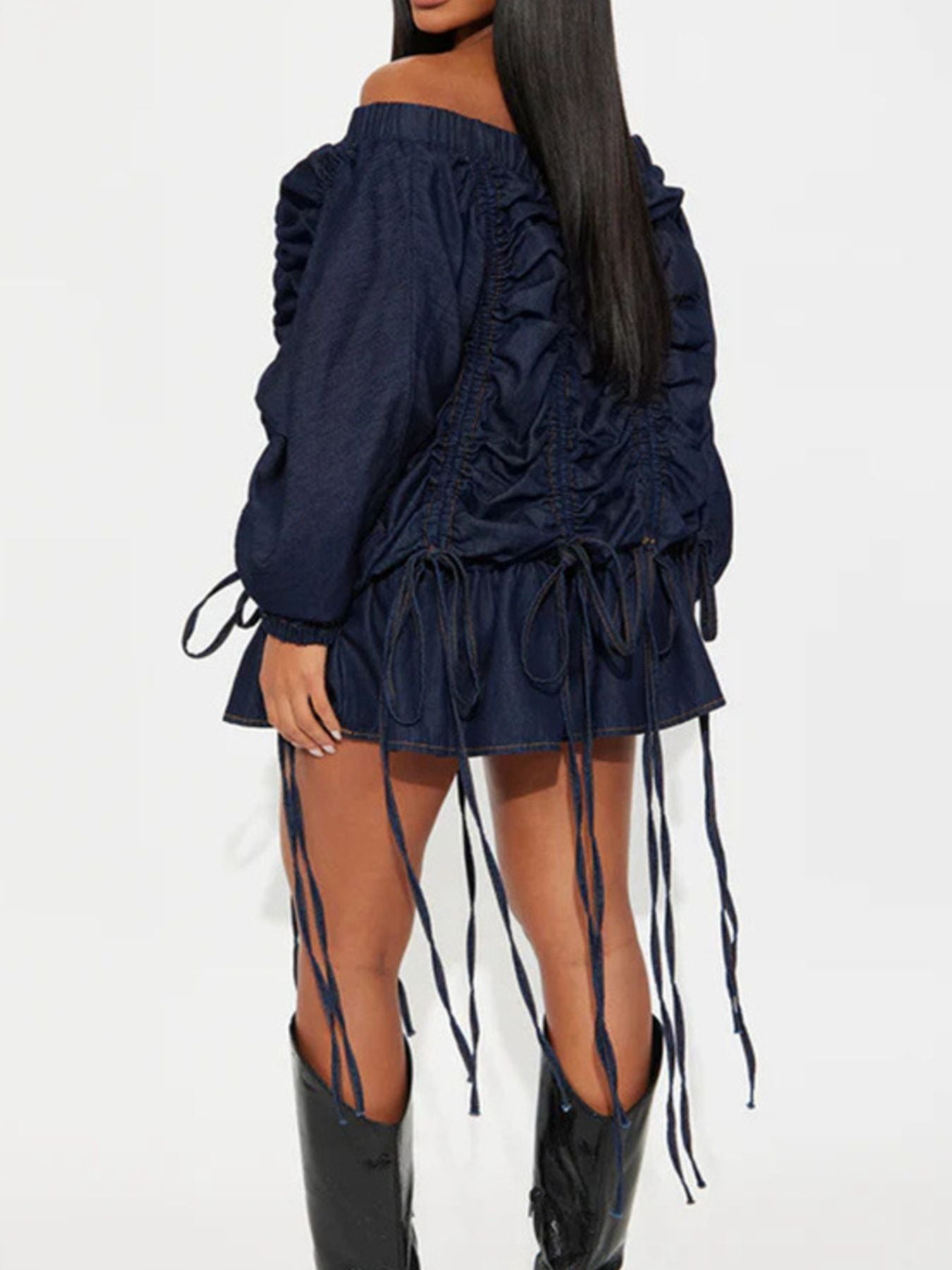 Off-Shoulder Ruched Denim Dress - Girly Tea