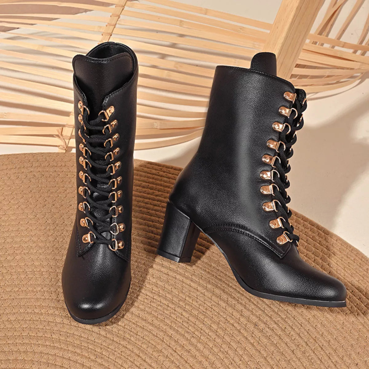 Lace-Up Boots with Block Heel - Girly Tea