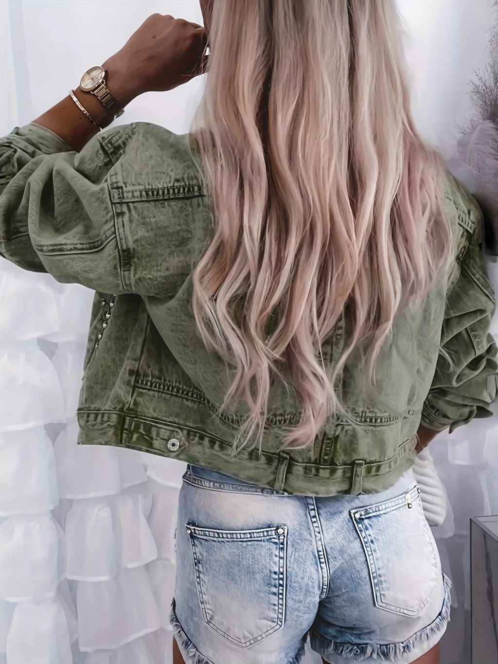 Studded Button Up Wash Denim Jacket - Girly Tea