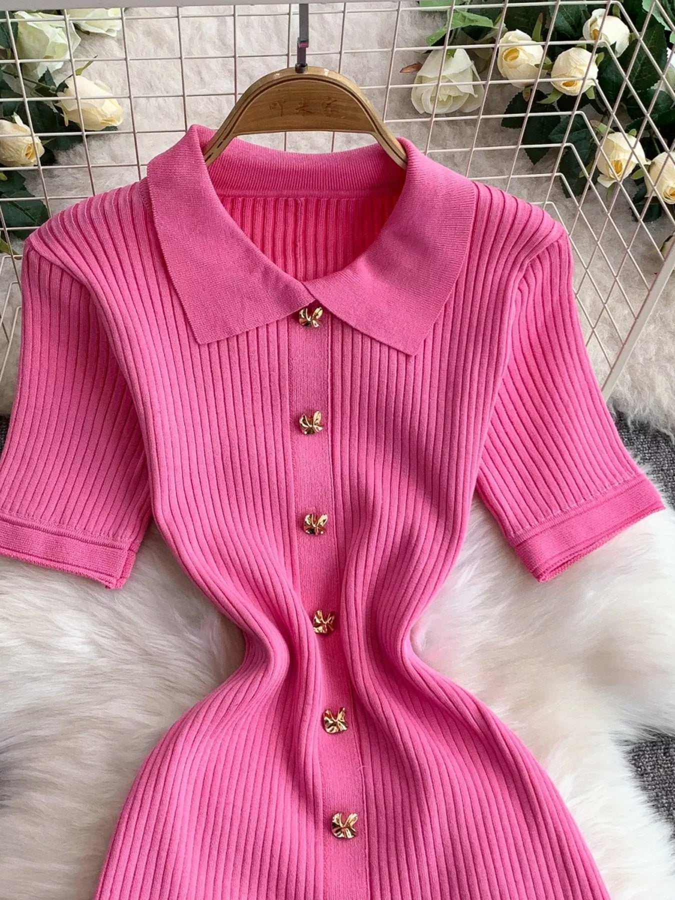 Button Front Ribbed Knit Midi Dress - Girly Tea