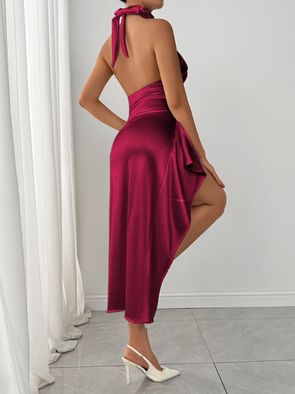 Halter Neck High Slit Satin Dress - Girly Tea