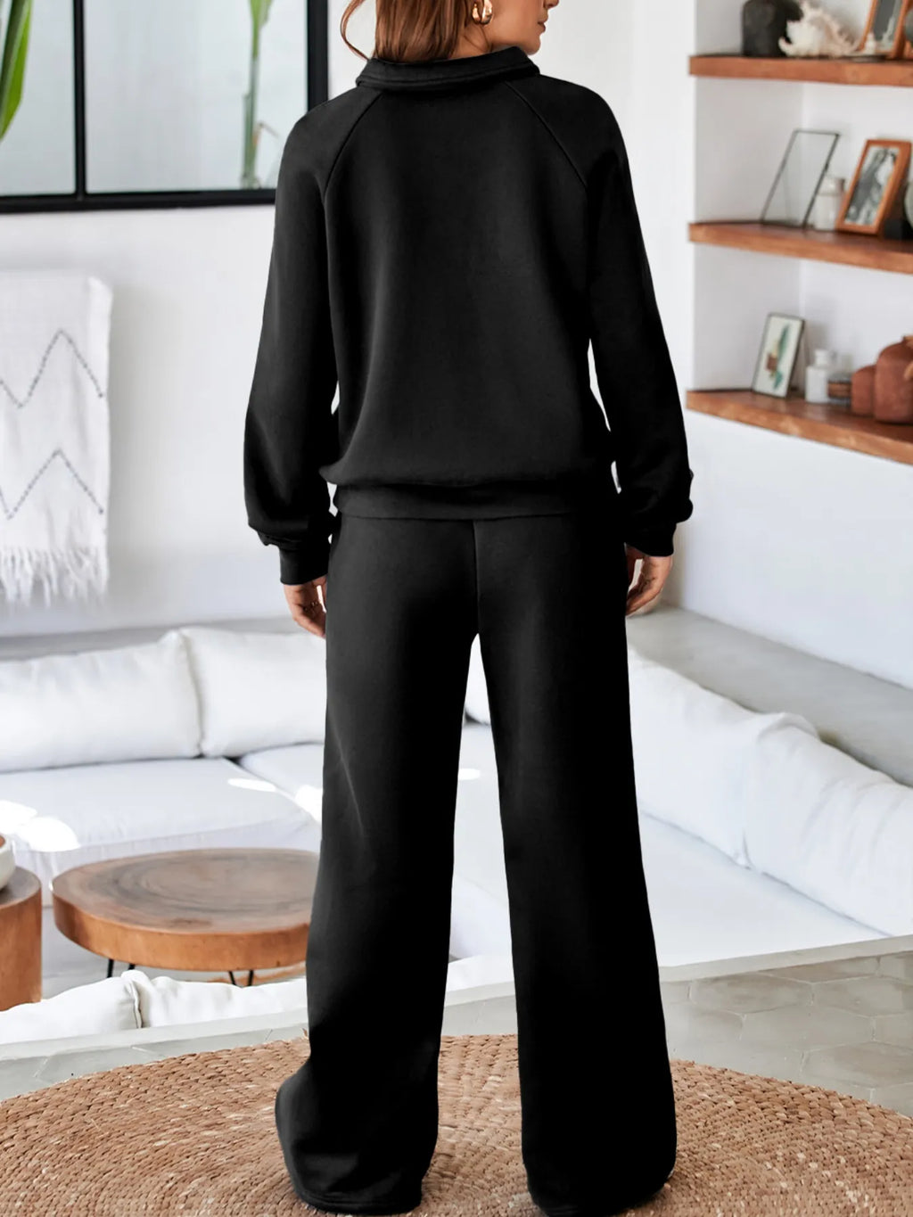 Collared Sweatshirt and High Waist Pants Active Set - Girly Tea