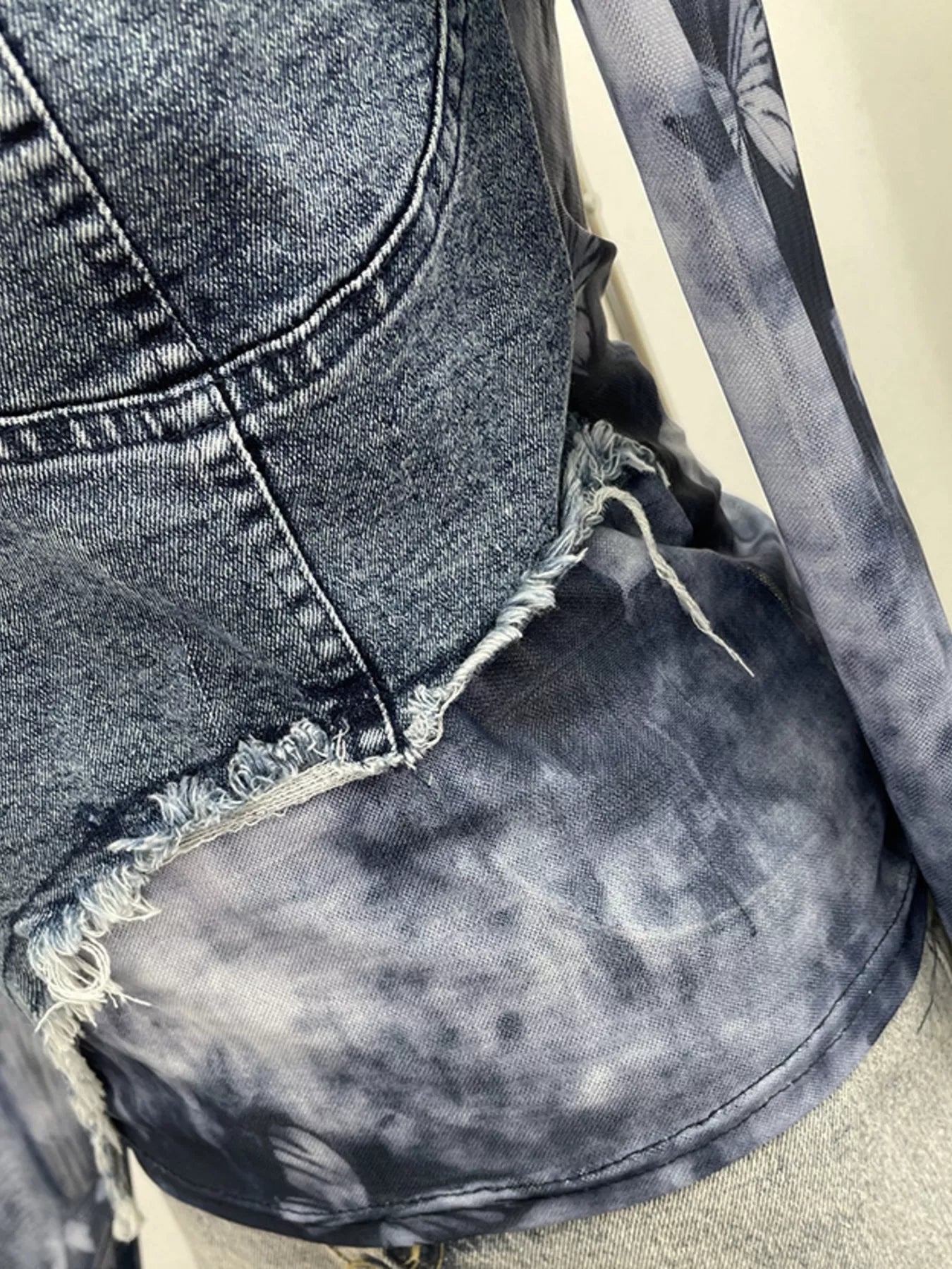 Asymmetrical Neck Denim Patchwork Top - Girly Tea