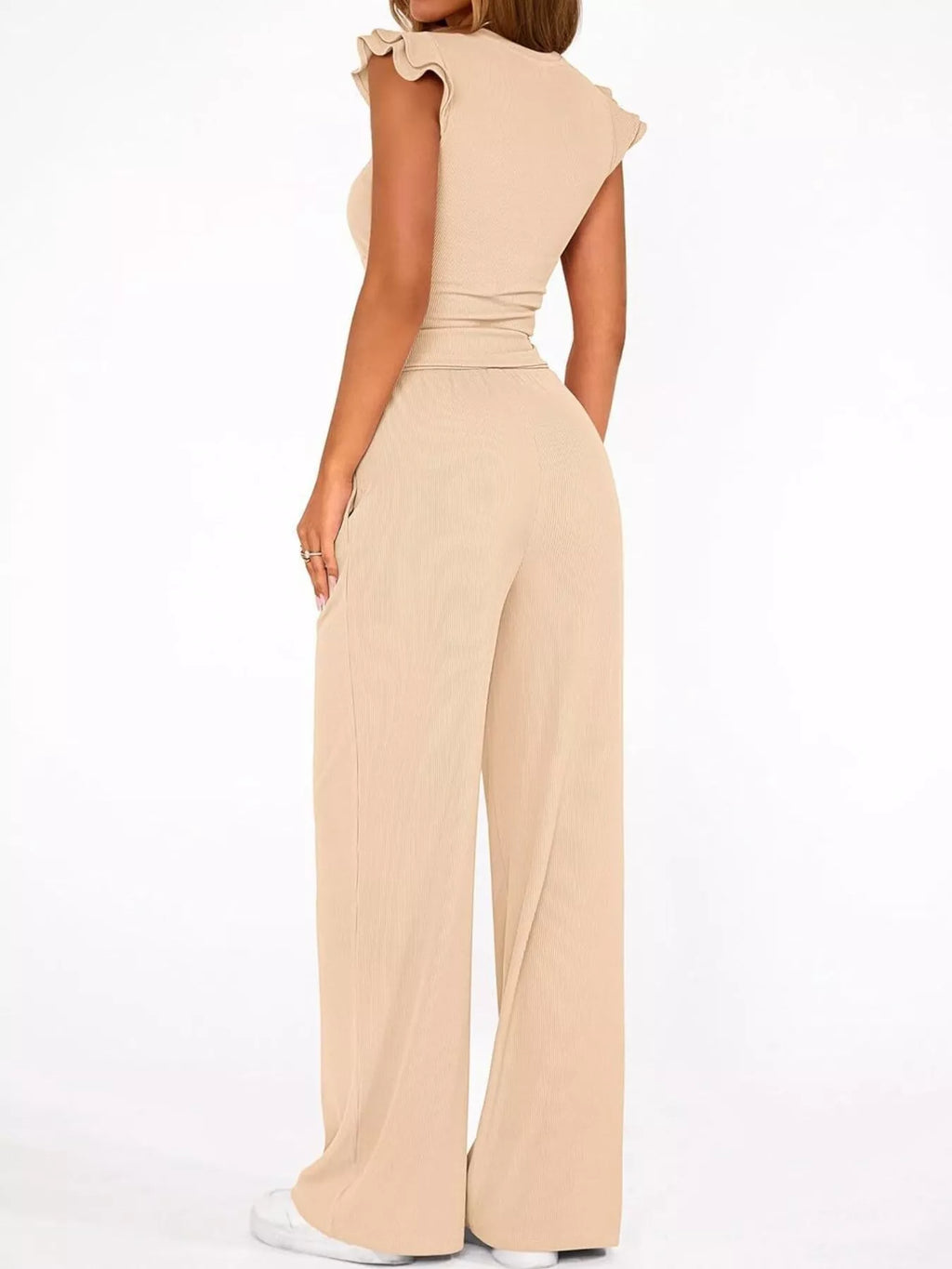 Ruffled Mock Neck Top and Wide Leg Pants Set - Girly Tea