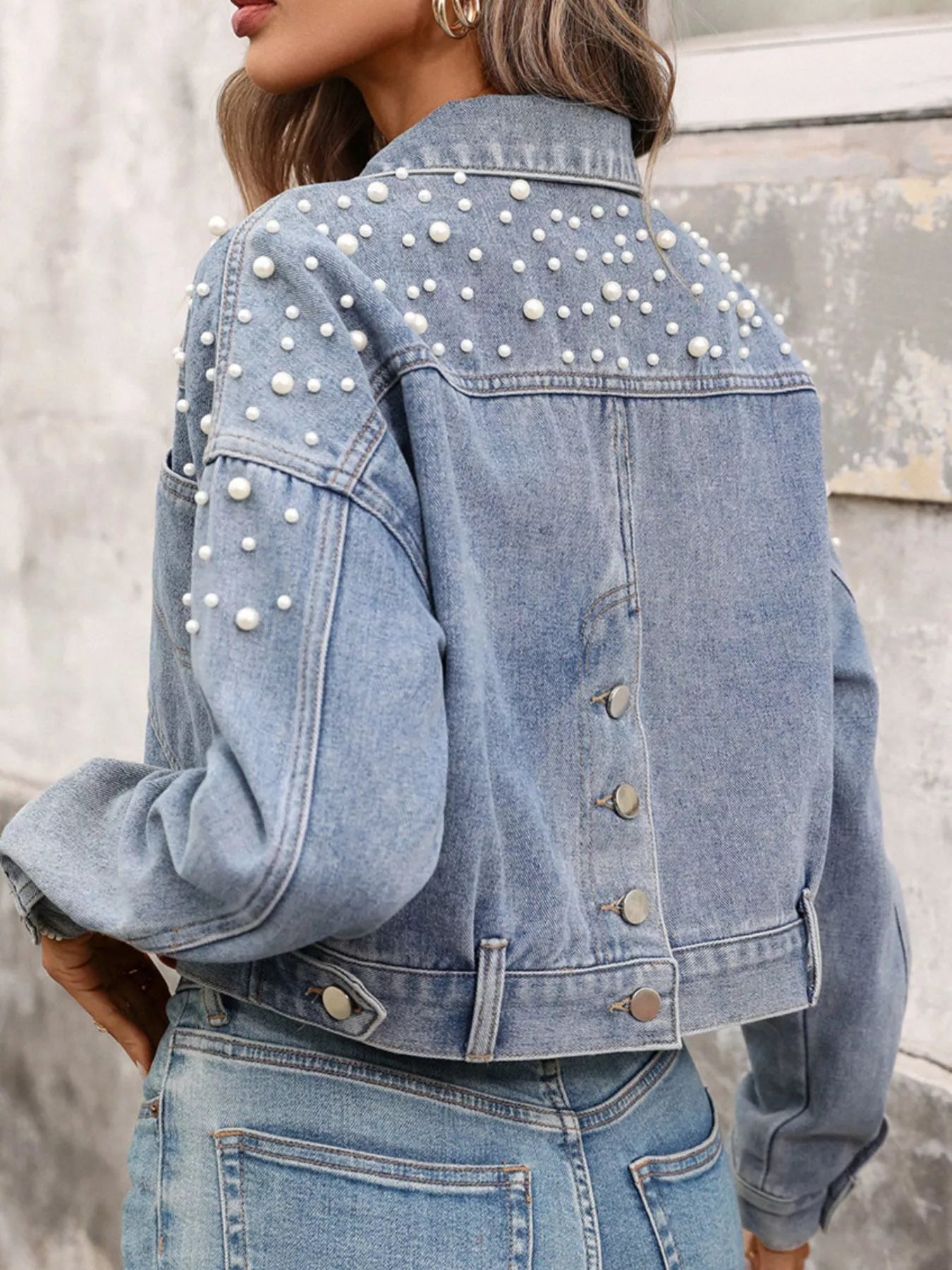 Pearl Embellished Cropped Denim Jacket - Girly Tea