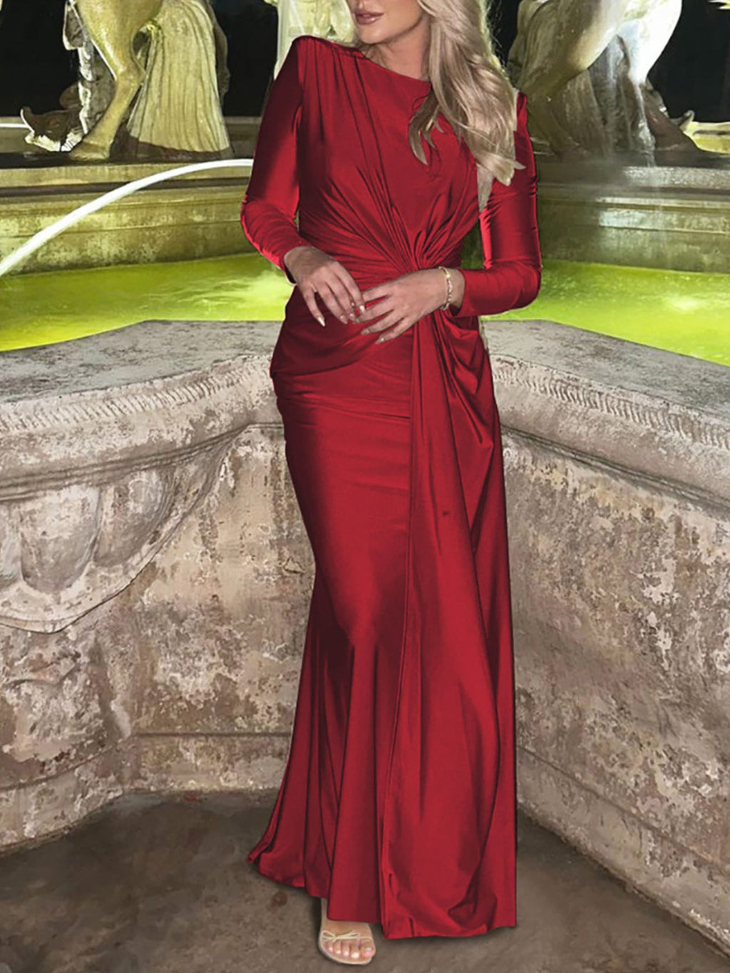 Ruched Knot Front Long Sleeve Maxi Dress - Girly Tea