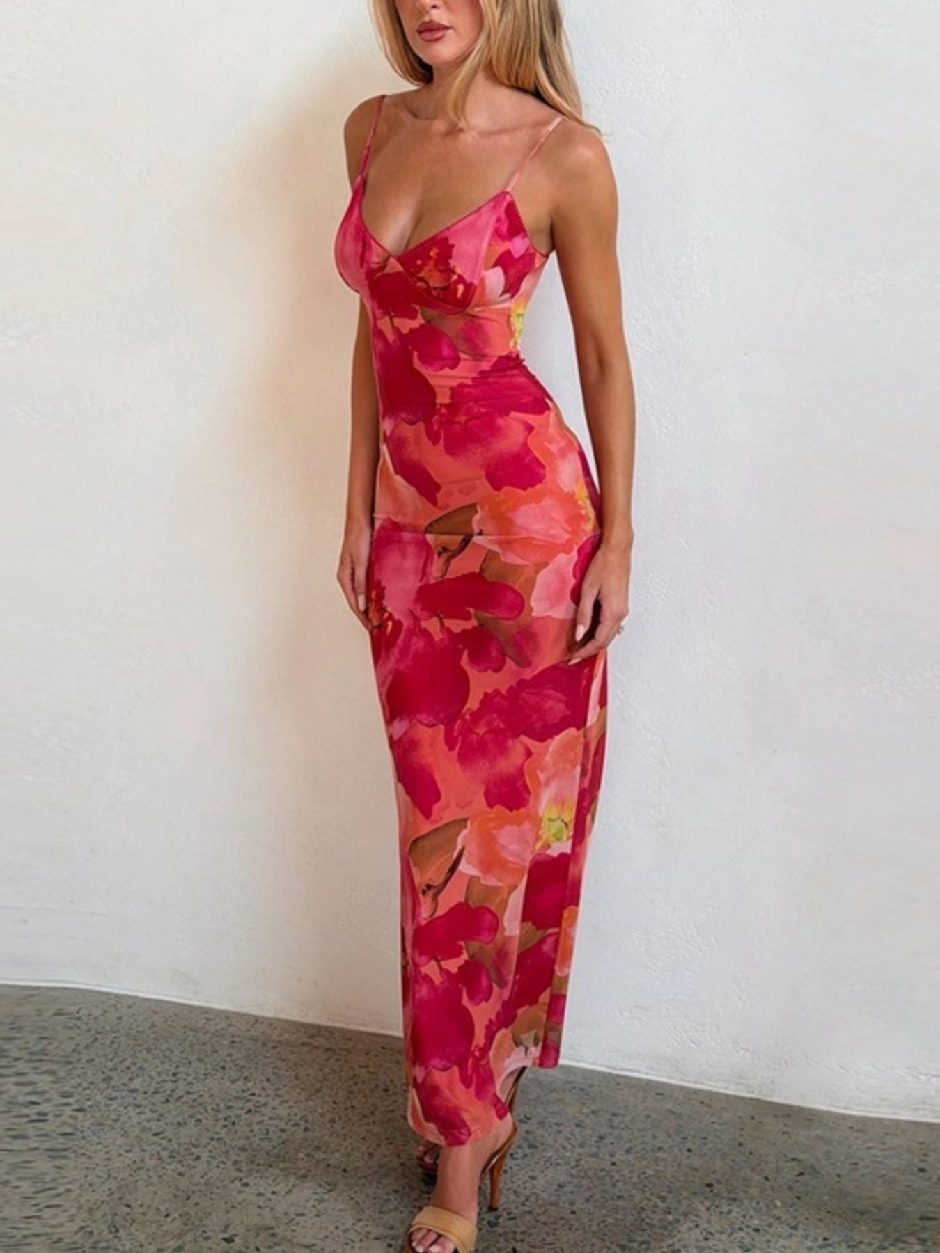 Floral Print Spaghetti Strap Bodycon Maxi Dress - Girly Tea