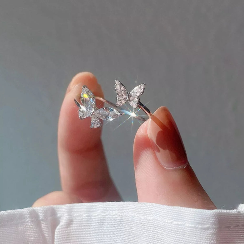 925 Sterling Silver Zircon Butterfly Open Ring - Girly Tea