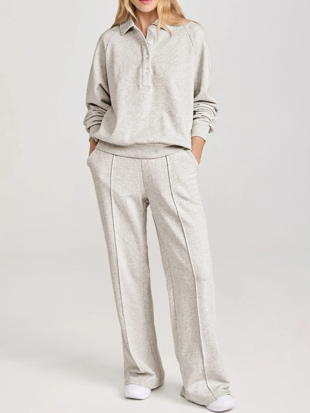 Collared Sweatshirt and High Waist Pants Active Set - Girly Tea