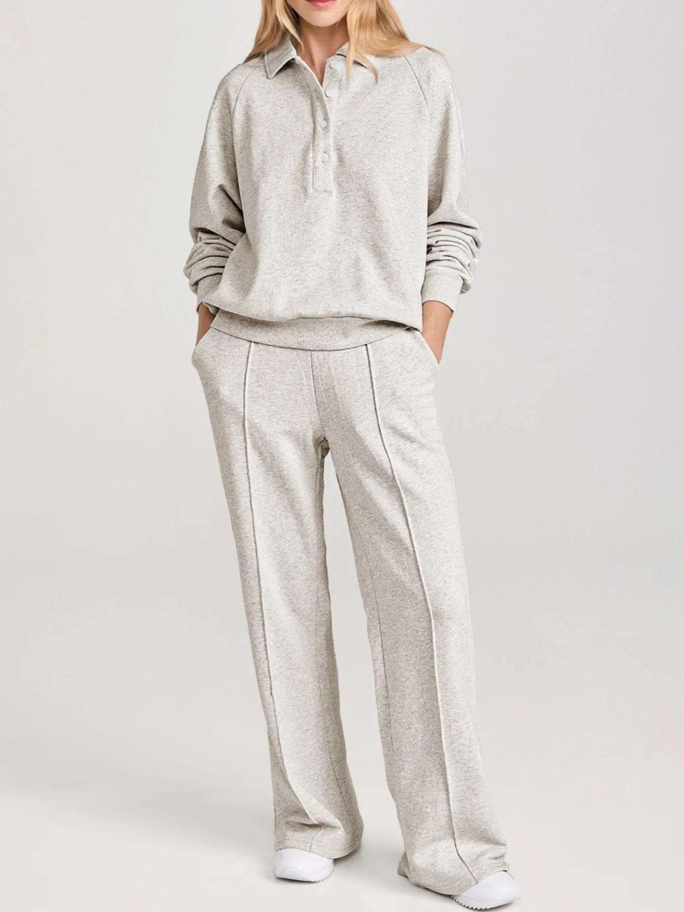 Collared Sweatshirt and High Waist Pants Active Set - Girly Tea