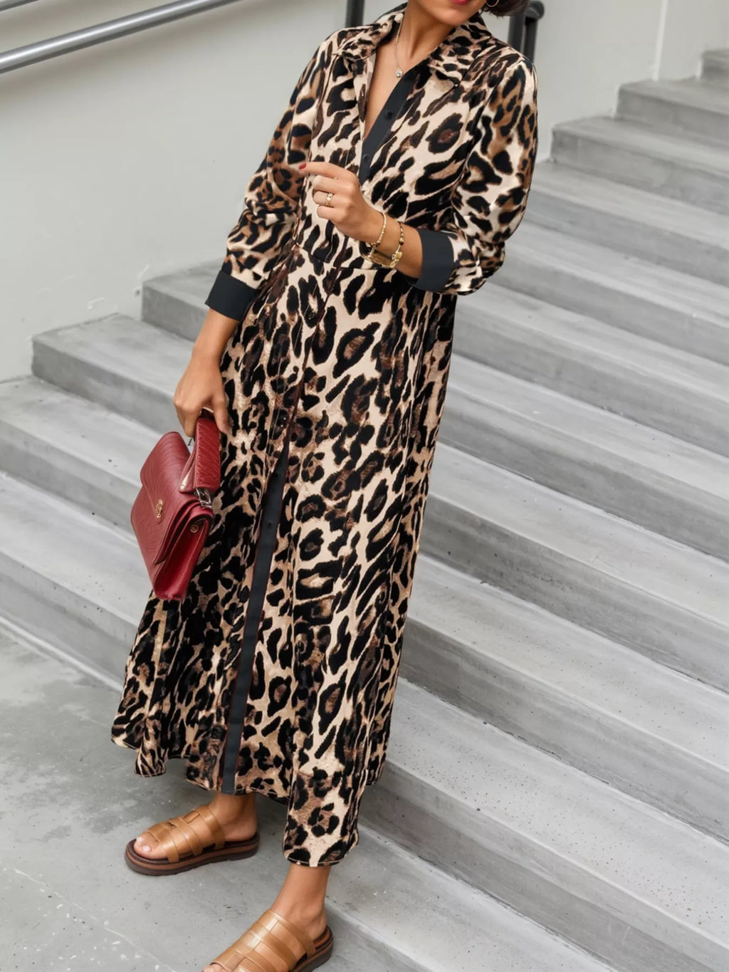 Leopard Print Long Sleeve Shirt Dress with Contrast Trim - Girly Tea