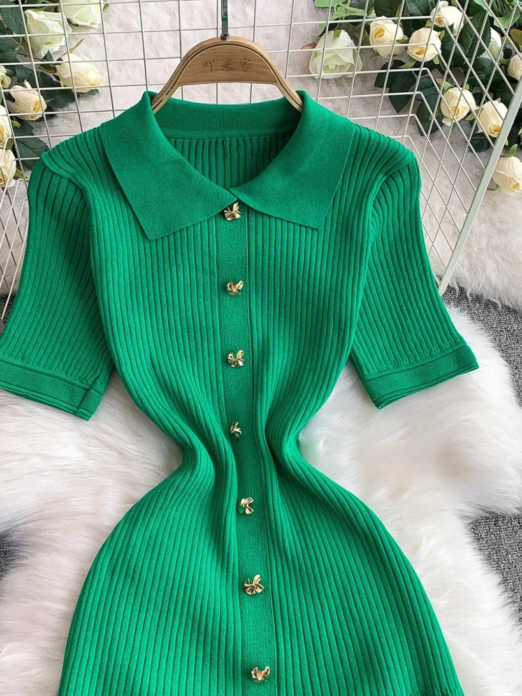 Button Front Ribbed Knit Midi Dress - Girly Tea