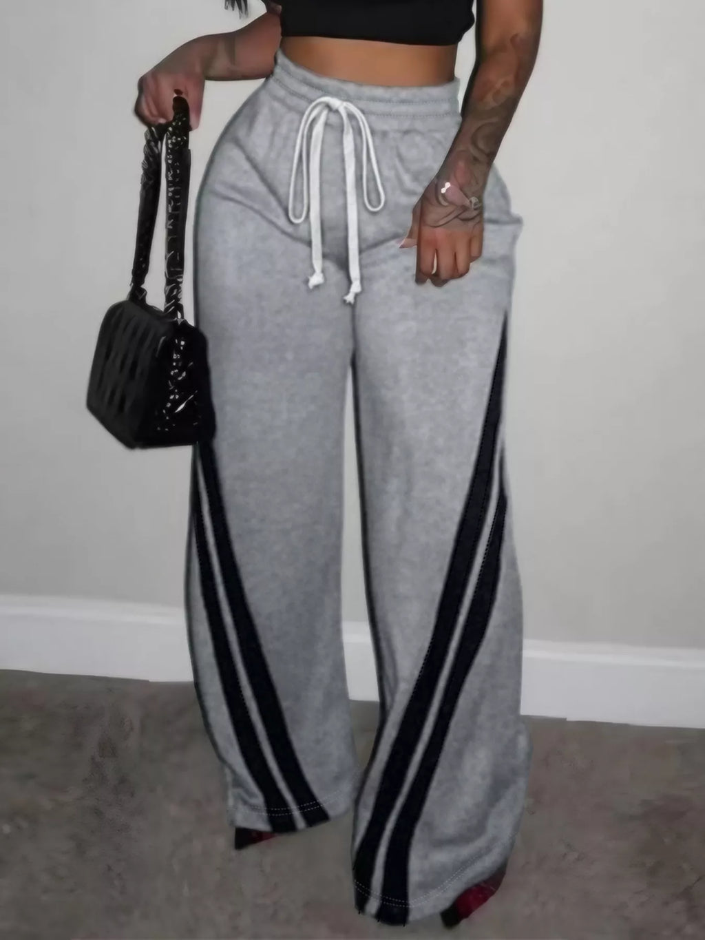Plus Size Striped Contrast Wide Leg Pants - Girly Tea