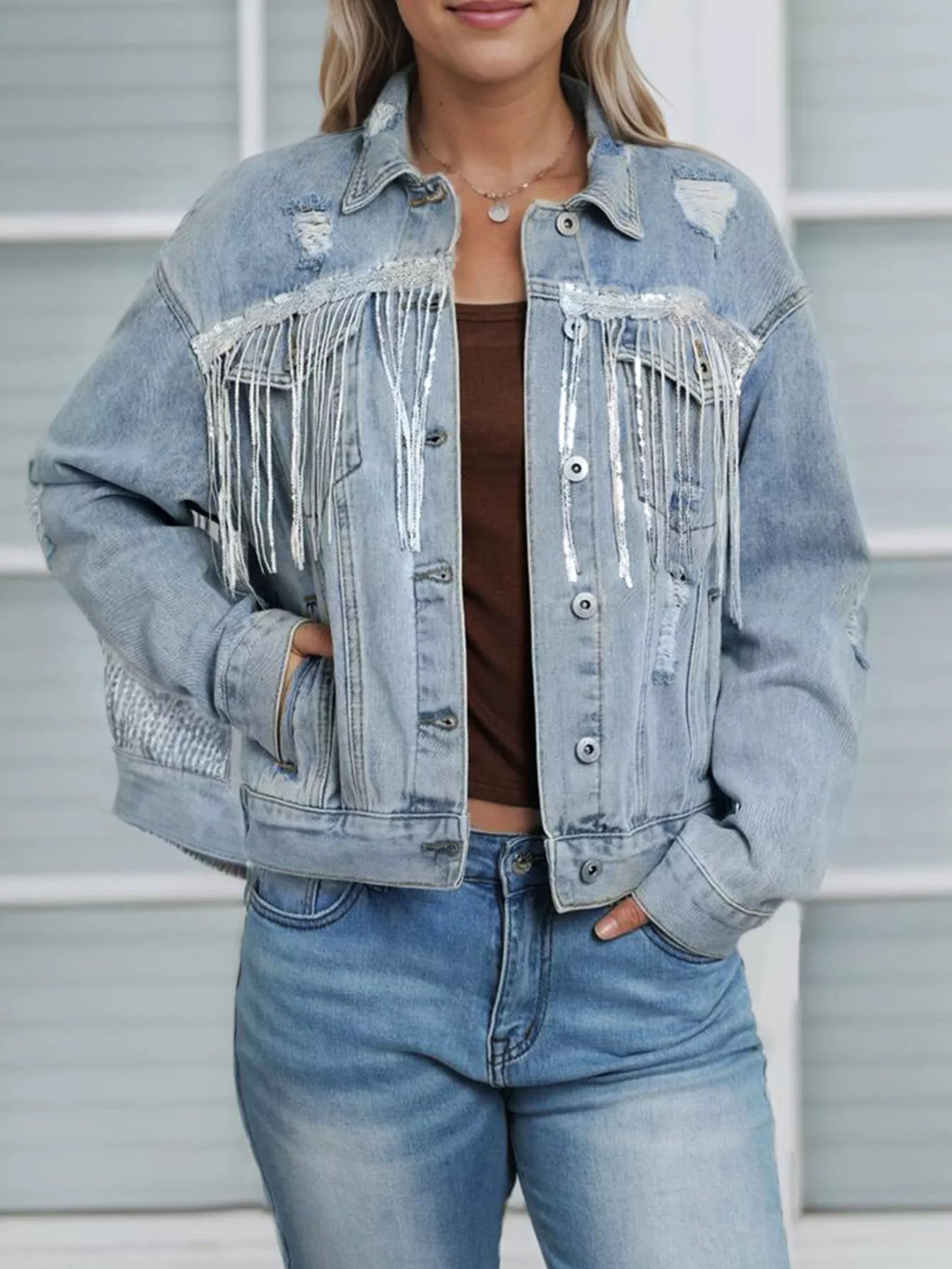 Fringed Sequin Embellished Denim Jacket - Girly Tea