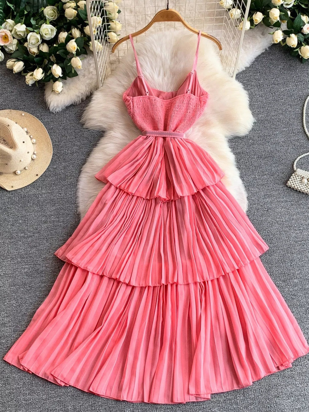 Pleated Layered Spaghetti Strap Midi Dress - Girly Tea