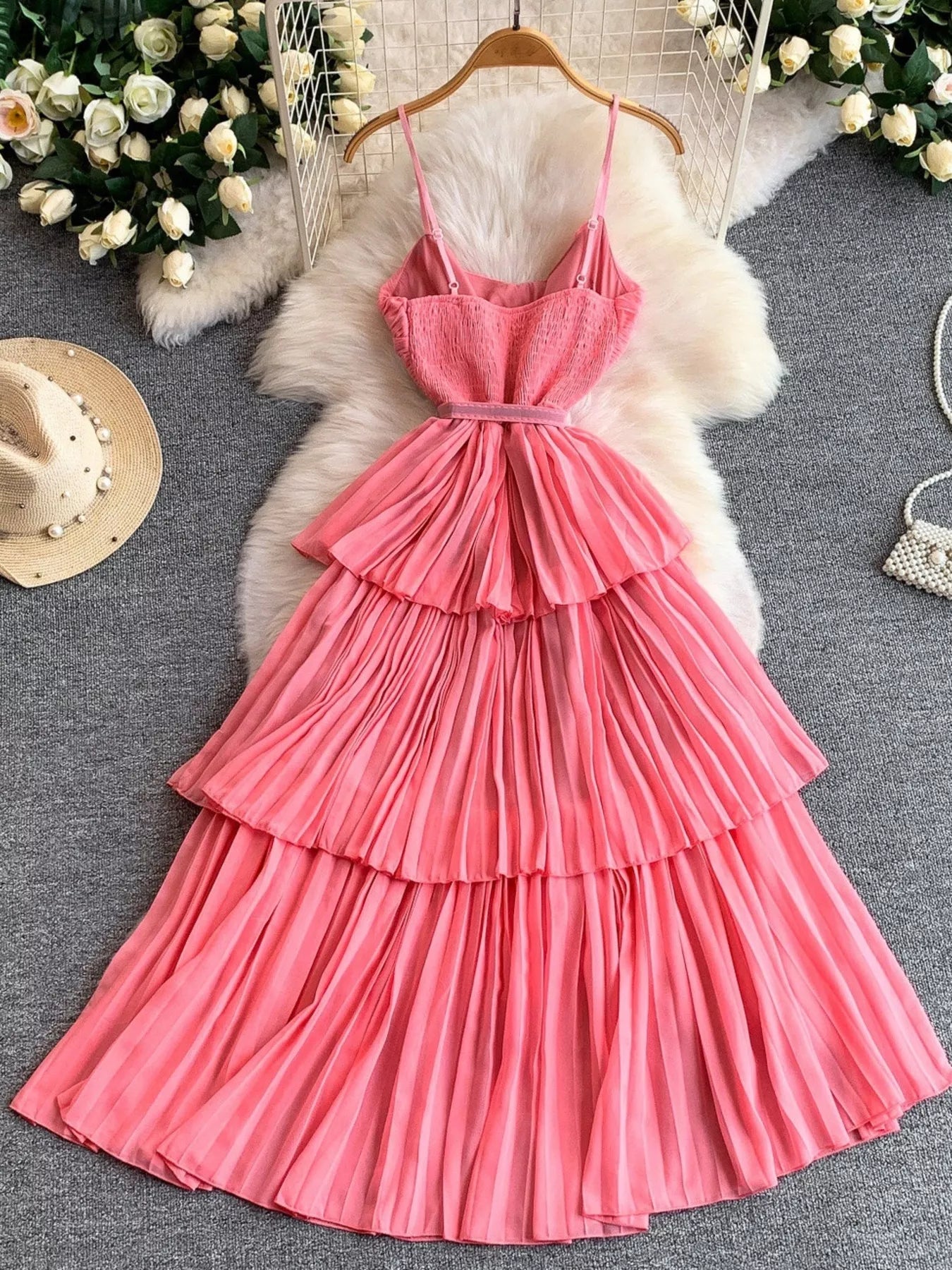 Pleated Layered Spaghetti Strap Midi Dress - Girly Tea
