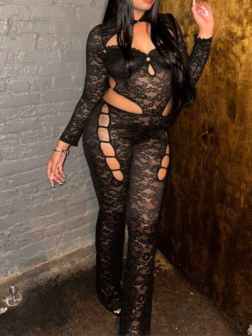 Lace Hollow-Out Long Sleeve Jumpsuit