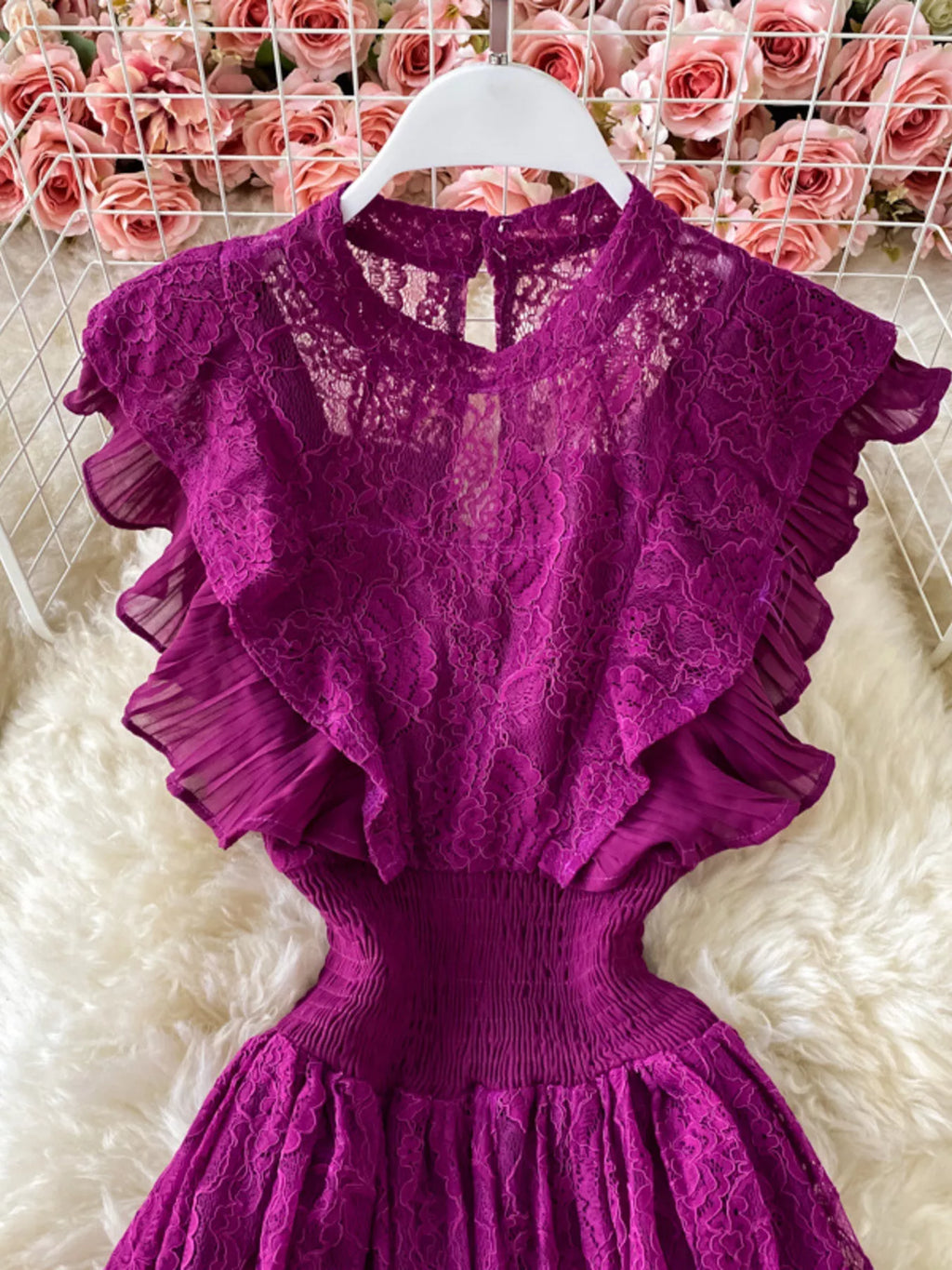Ruffled Mock Neck Lace Maxi Dress - Girly Tea