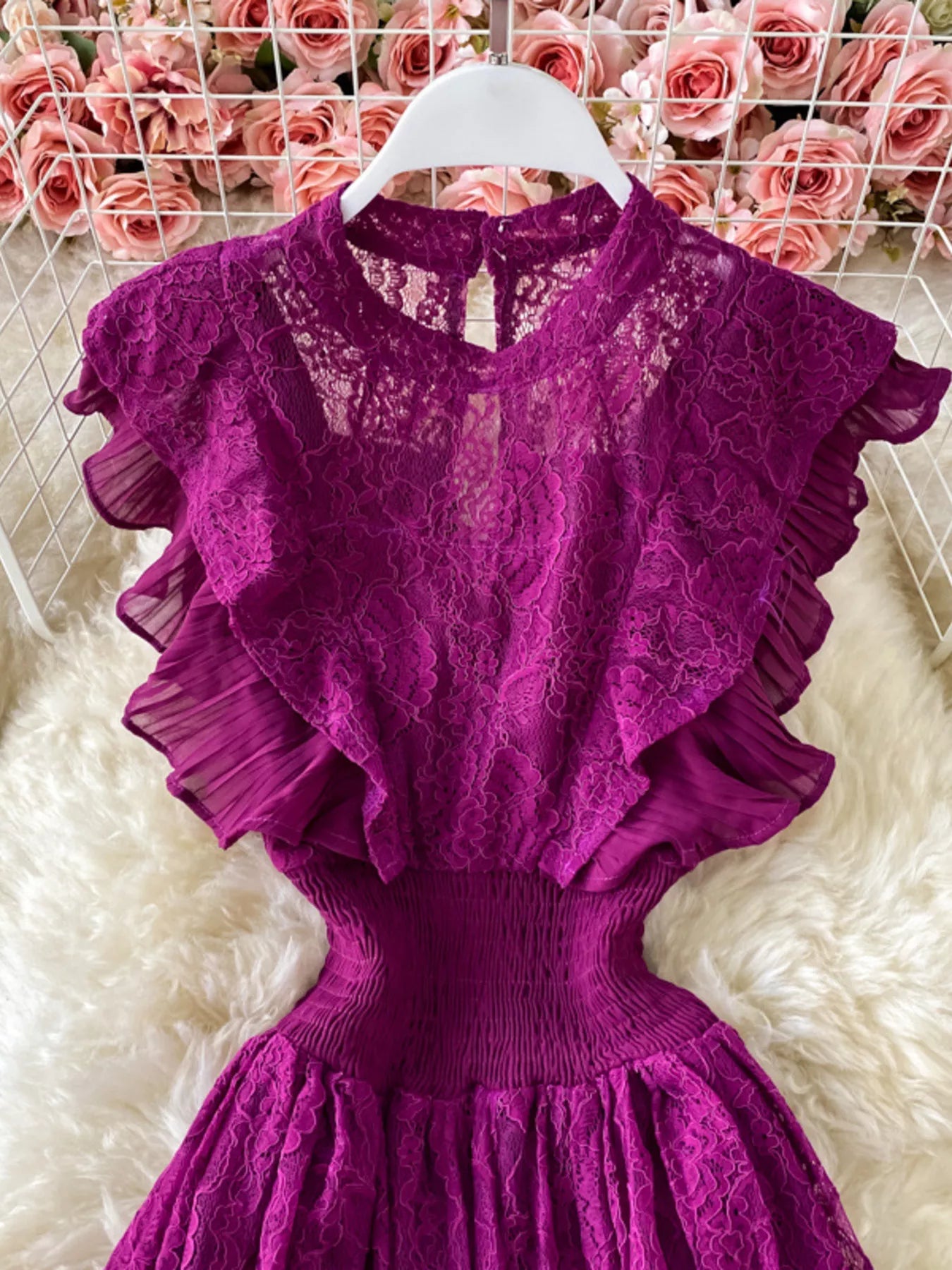Ruffled Mock Neck Lace Maxi Dress - Girly Tea