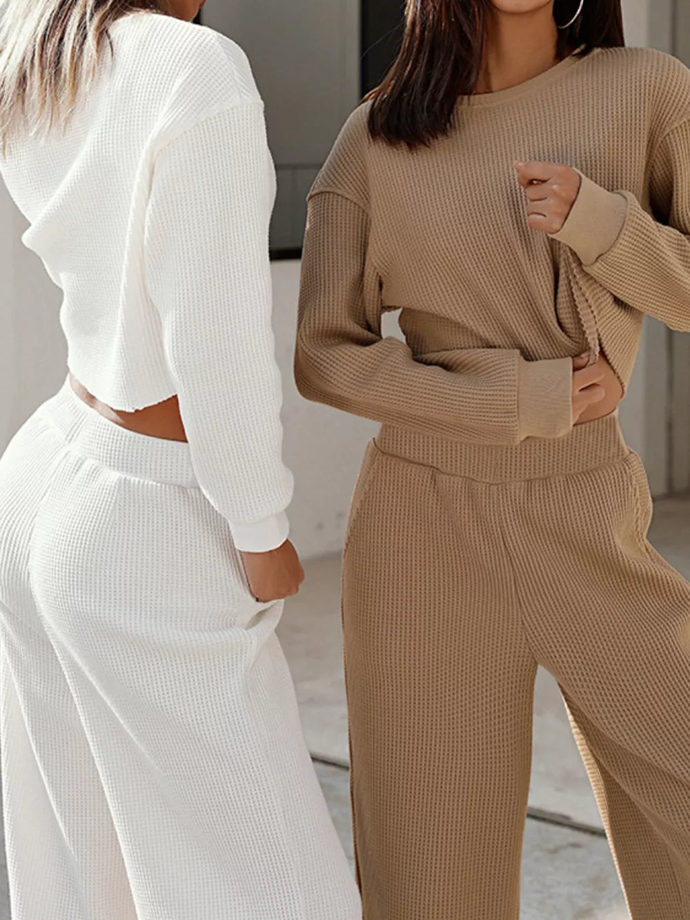 Waffle-Knit Round Neck Top and Pants Set - Girly Tea