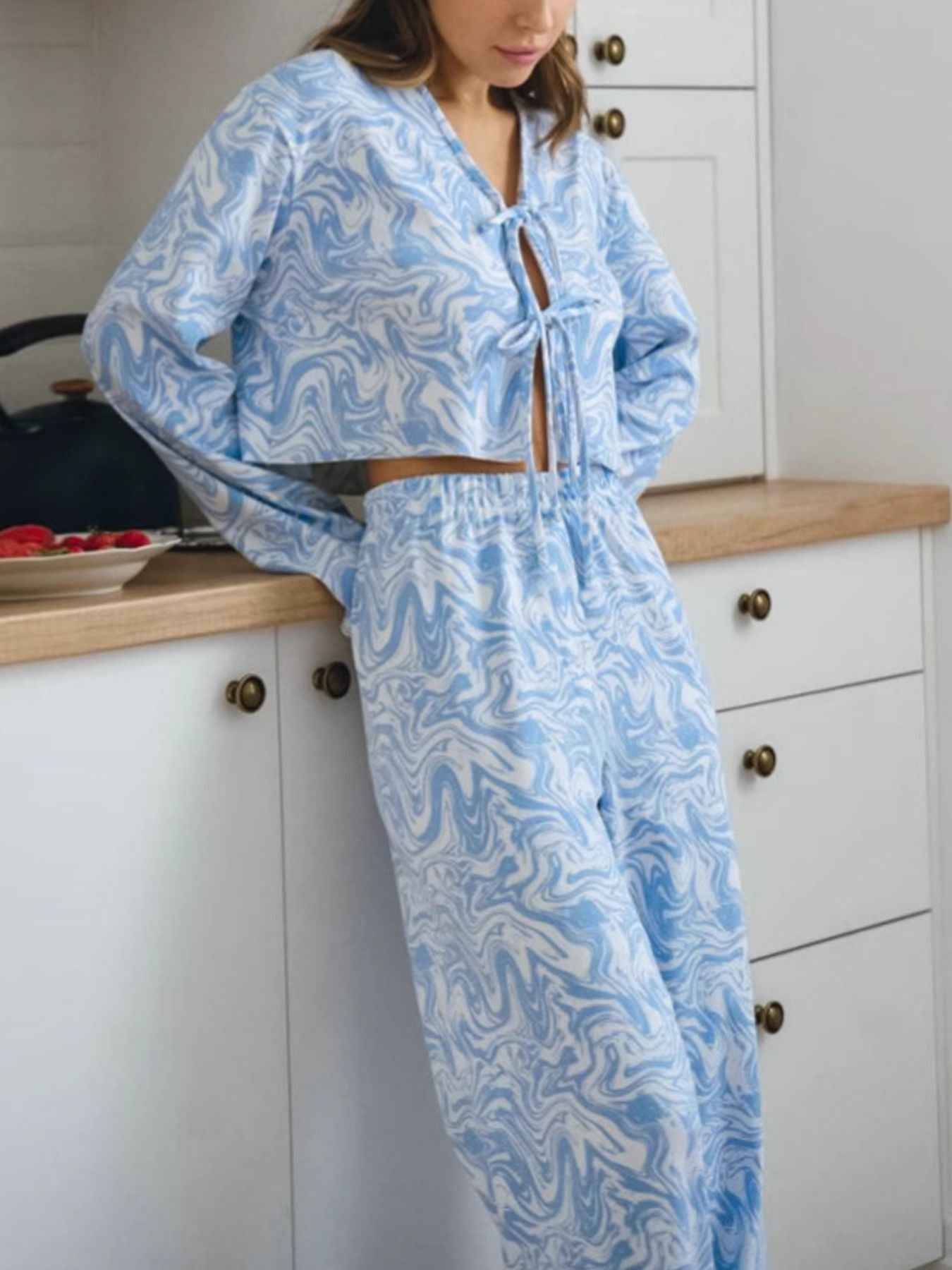 Tie Front Long Sleeve Top and Pants Lounge Set