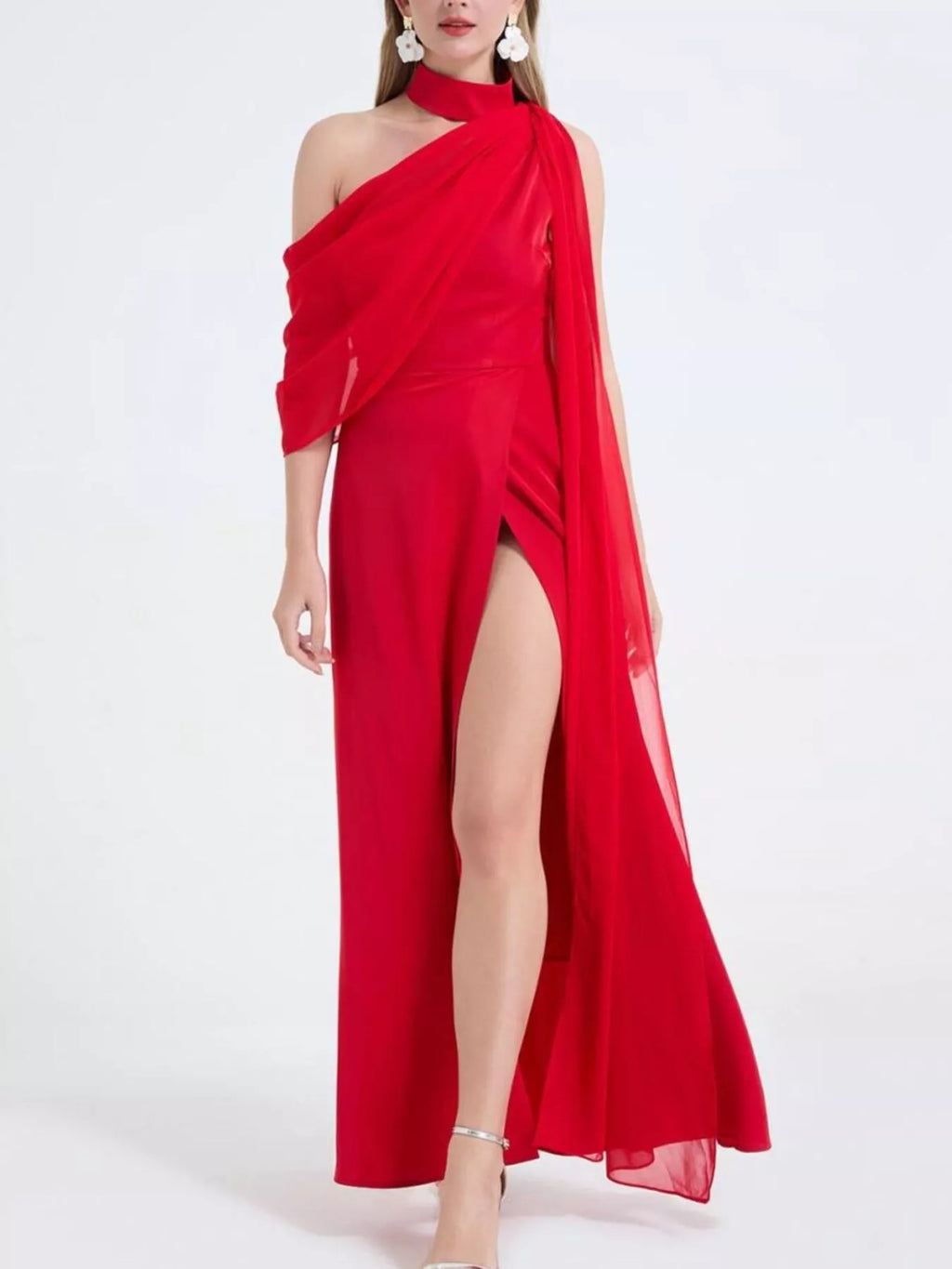 Asymmetrical Neck High Slit Maxi Dress - Girly Tea