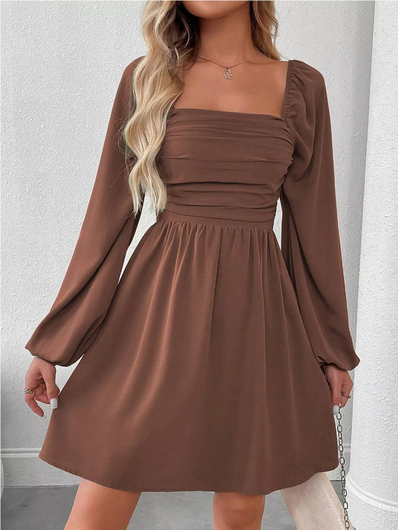 Ruched Square Neck Long Sleeve A-Line Dress - Girly Tea