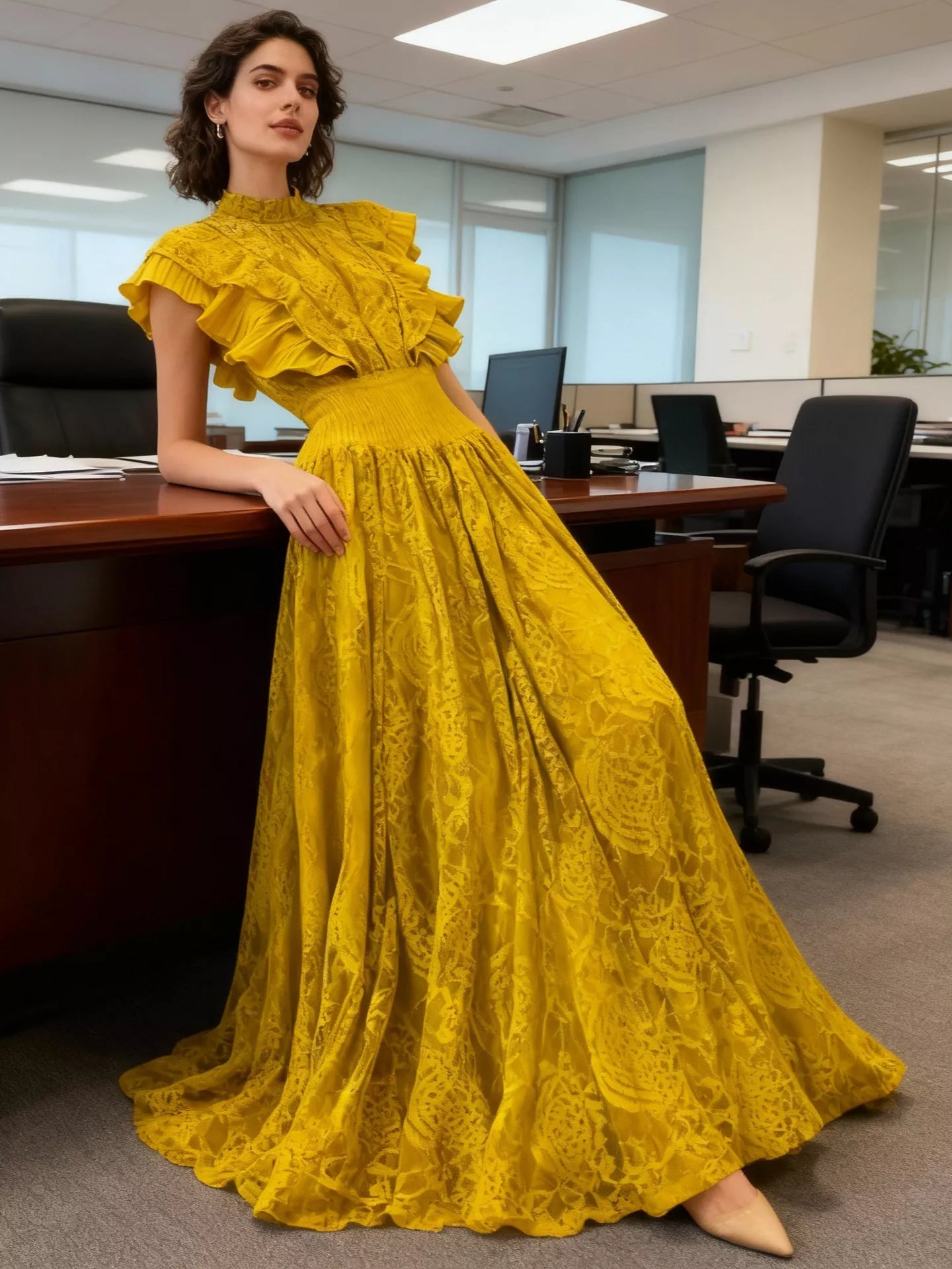Ruffled Mock Neck Lace Maxi Dress - Girly Tea