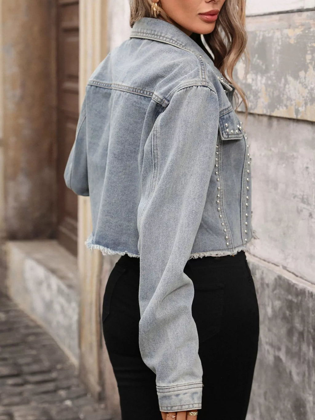 Studded Raw Hem Denim Jacket - Girly Tea
