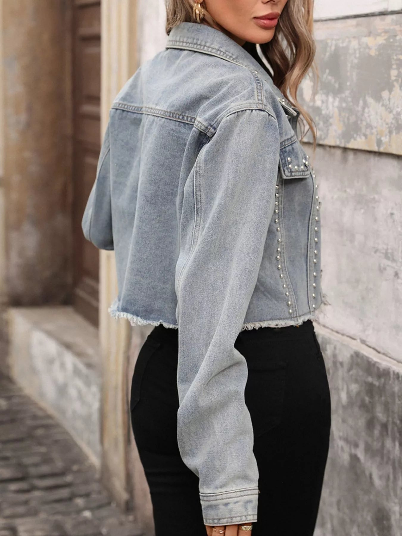 Studded Raw Hem Denim Jacket - Girly Tea