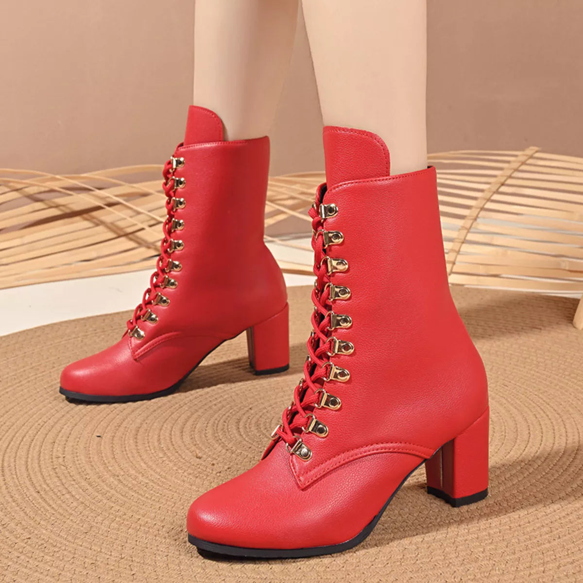 Lace-Up Boots with Block Heel - Girly Tea