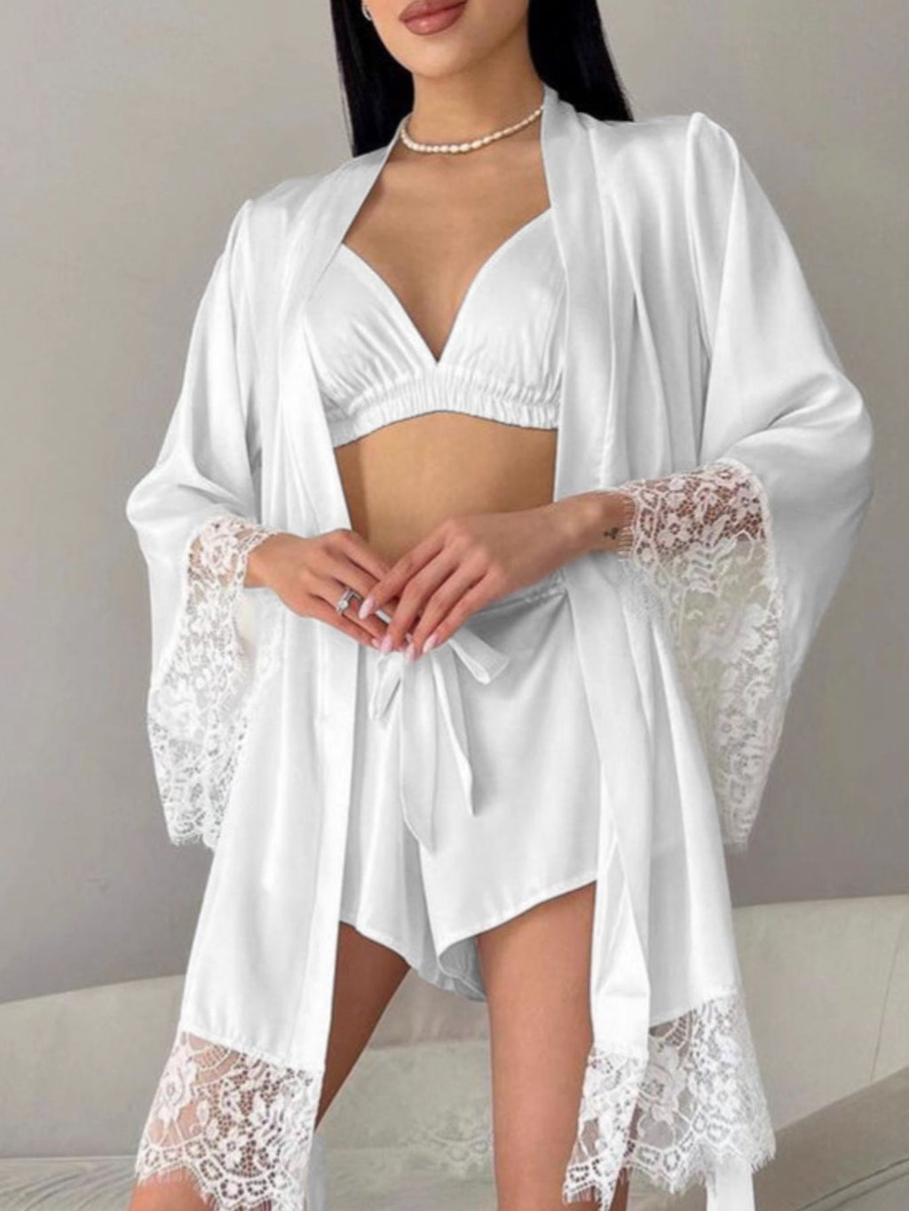 Cami & Lace Trim Cardigan & Shorts Lounge Set - Girly Tea