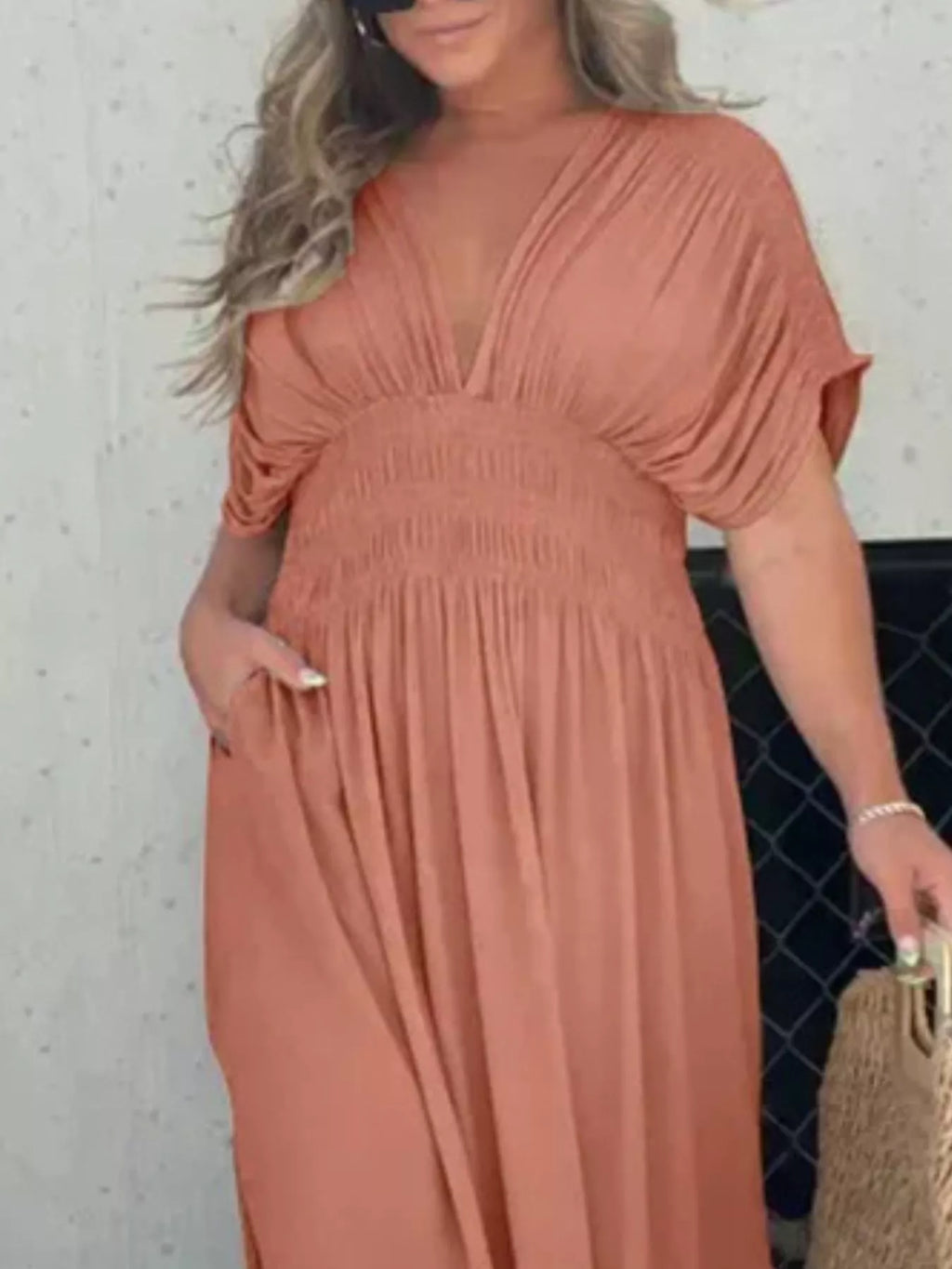 Full Size Slit V-Neck Smocked Waist Maxi Dress Plus Size - Girly Tea
