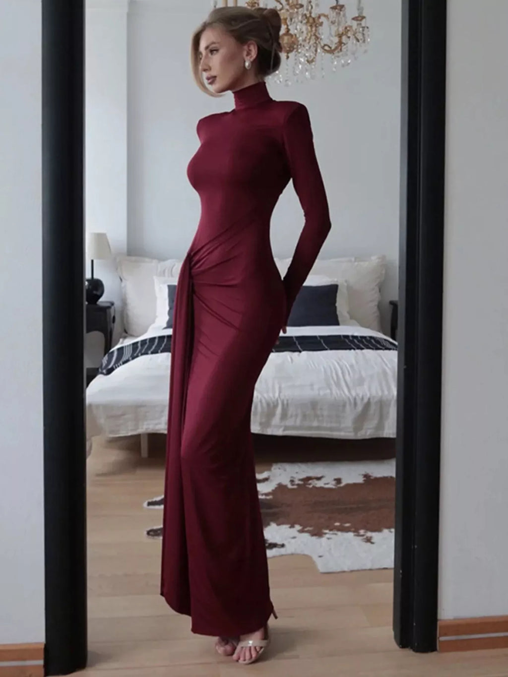 Turtleneck Long Sleeve Tie Waist Maxi Dress - Girly Tea