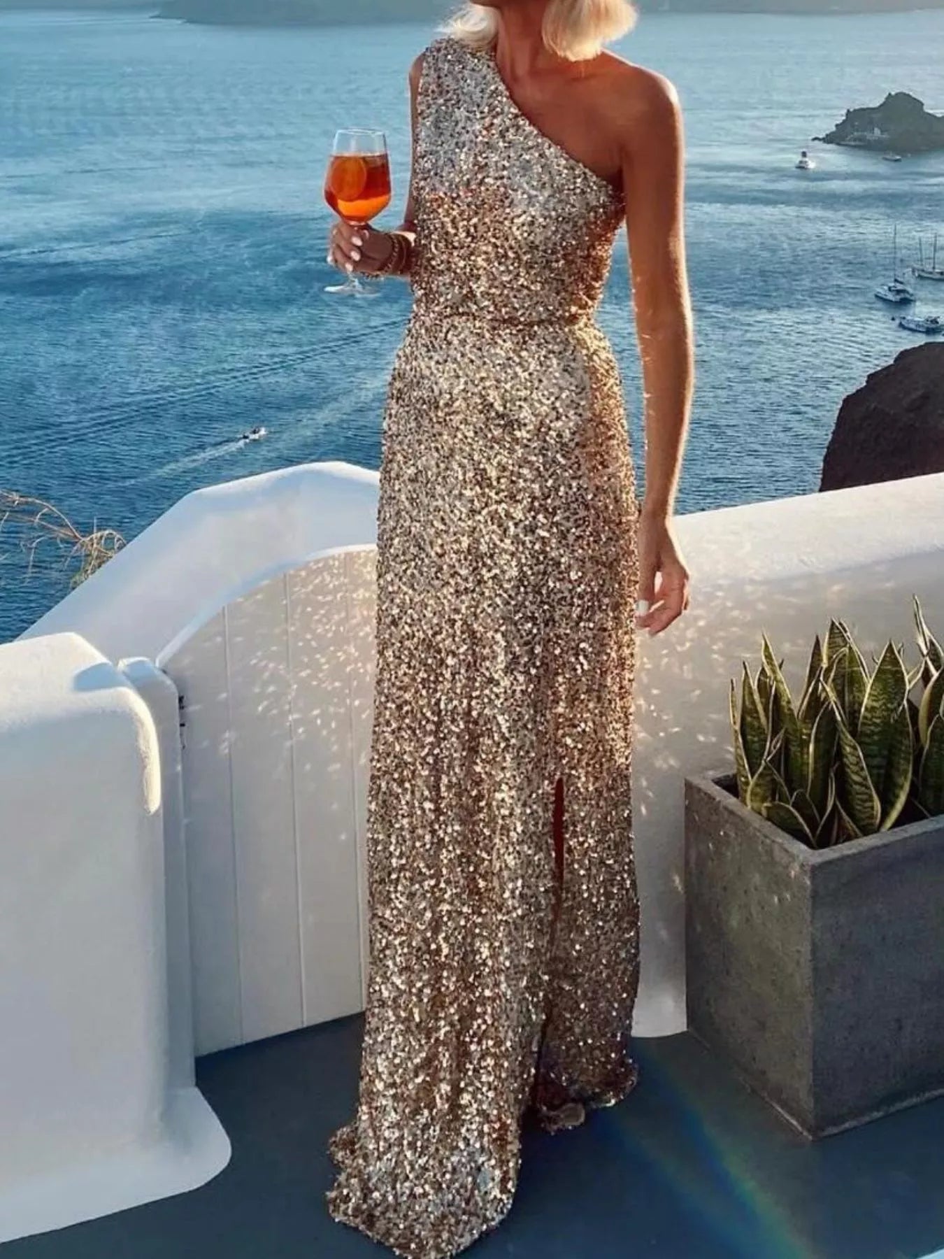 Sequin One-Shoulder Slit Maxi Dress - Girly Tea